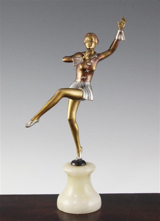 A Lorenzl style patinated bronzed metal possibly spelter figure of a dancing girl, 12in.